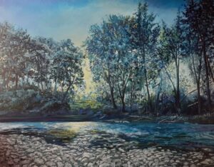 Sonnenuntergang an der Váh 2023, Acryl 103x130cm